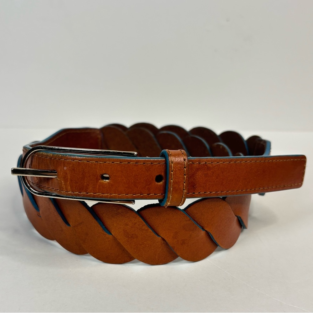 Linea Pelle Chestnut Brown Teal Blue Boho Braided Leather Belt Curved Buckle M/L - Picture 4 of 11